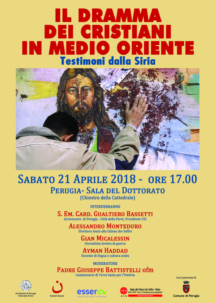 Perugia vicina alle popolazioni della Siria. Conferenza stampa di presentazione eventi: “La Fontana Maggiore si tinge di rosso” con preghiera in piazza IV Novembre (20 aprile, ore 21); La conferenza “Il dramma dei cristiani in Medio Oriente – Testimoni dalla Siria”, presso la Sala del Dottorato delle Logge della cattedrale di San Lorenzo (21 aprile, ore 17)
