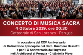 Dieci anni di episcopato perugino-pievese del cardinale Gualtiero Bassetti (2009-2019). Un concerto di musica sacra di UmbriaEnsemble, Fideles et Amati e del Coro della Diocesi di Roma  diretti da mons. Marco Frisina festeggerà questo decimo anniversario