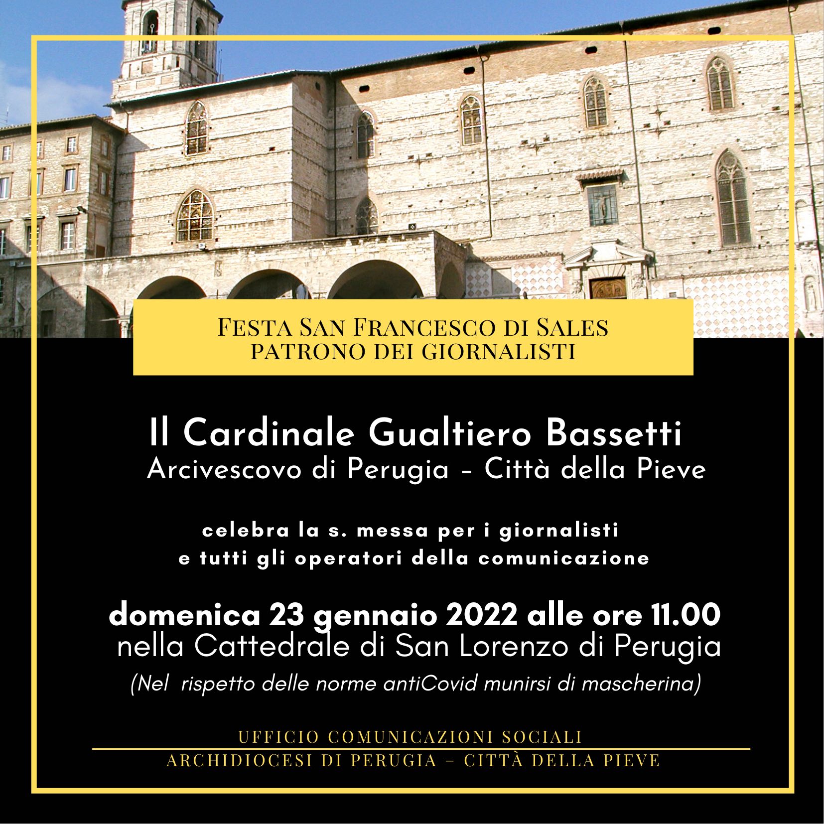 La festa del Santo patrono dei giornalisti Francesco di Sales con la s. messa presieduta dal cardinale Gualtiero Bassetti nella cattedrale di San Lorenzo