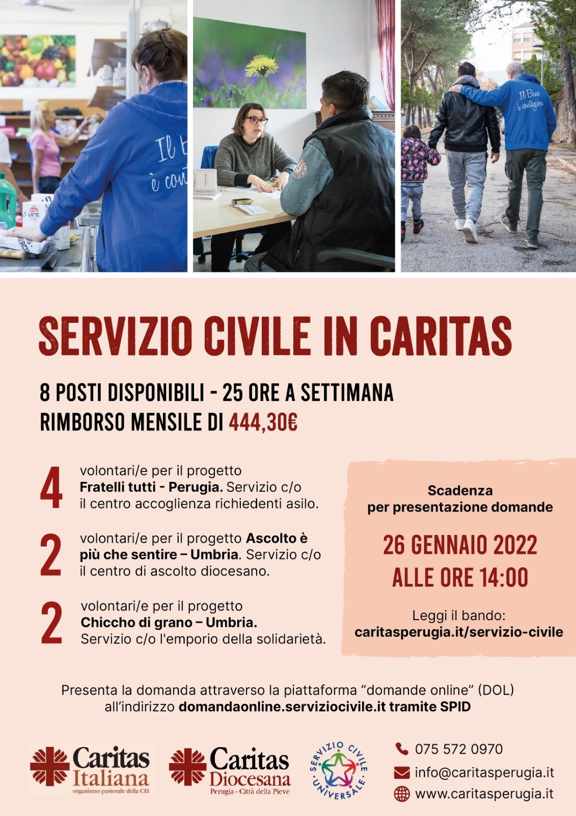 Perugia: L’esperienza di Servizio Civile in Caritas. Otto posti disponibili in tre ambiti socio-caritativi le cui domande scadono il 26 gennaio. Il bando al link: caritasperugia.it/servizio-civile